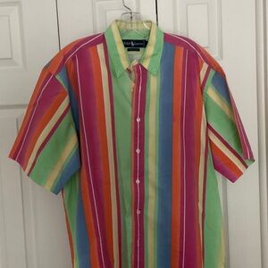 Vintage Ralph Lauren Bright Multi-Stripe Short-Sleeve Button-Up Shirt, Large
